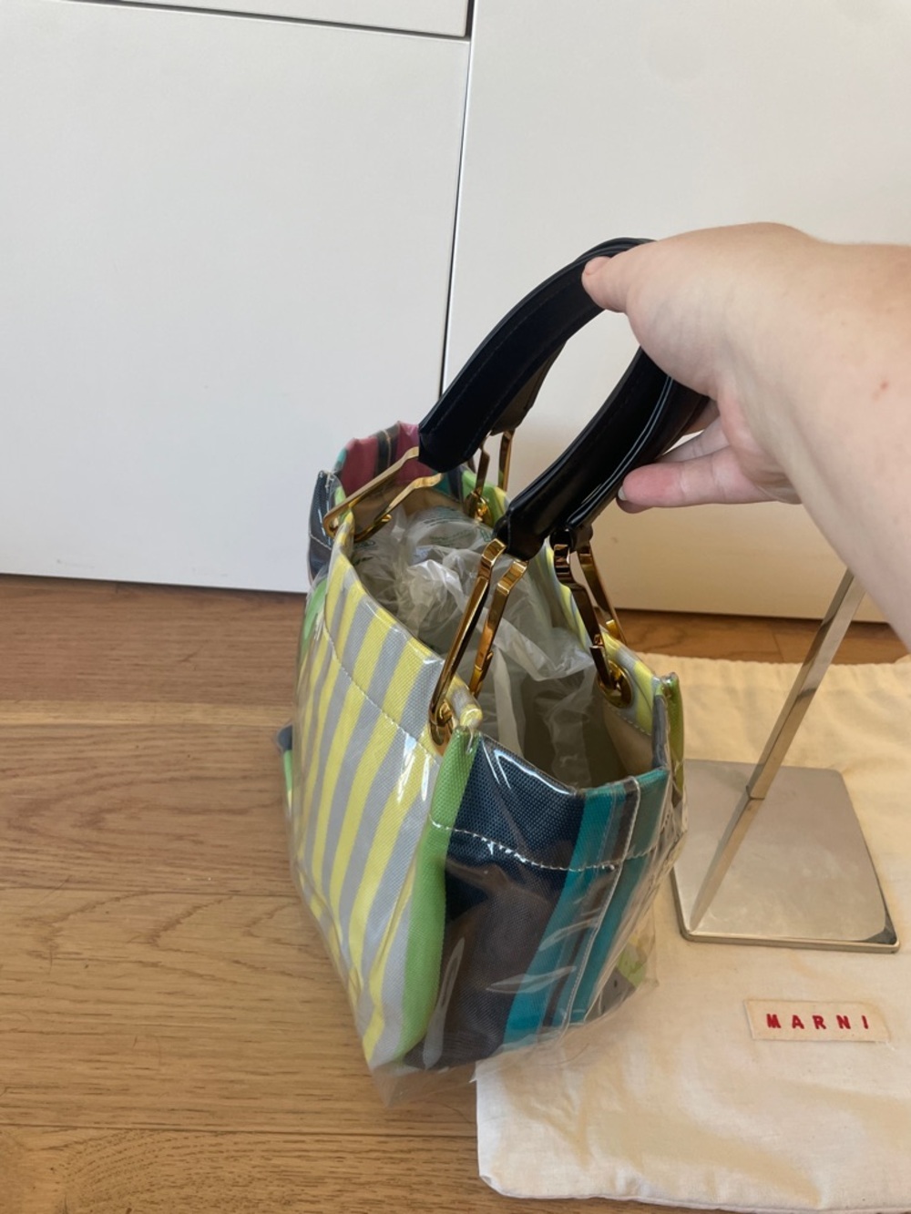 Marni Striped PVC Tote in Green, Yellow & Black with Gold Hardware - Picture 2 of 4